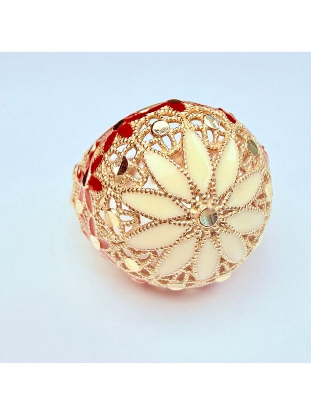 Estate 14K Solid Yellow Gold Mosaic Enamel Floral Dome Vintage Adjustable Ring